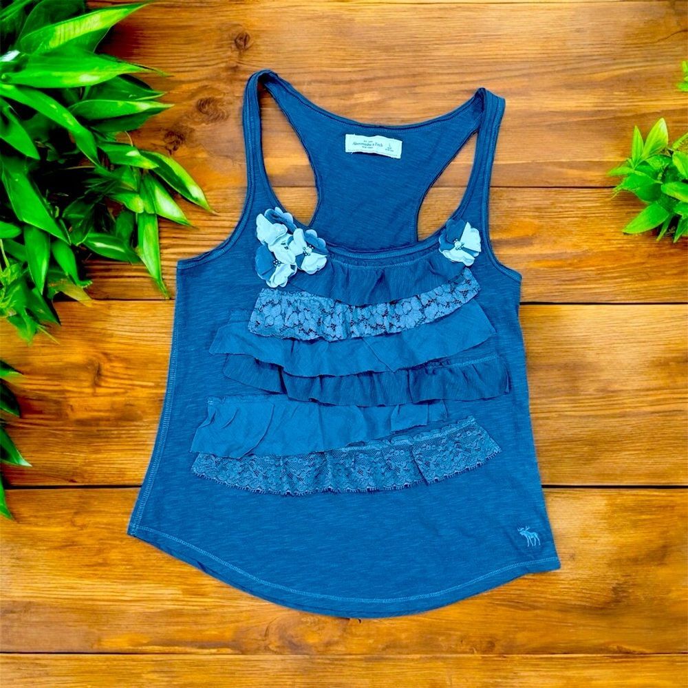 Y2K Abercrombie & Fitch Blue Lace Floral Ruffle Racerback Tank Top Large NEW